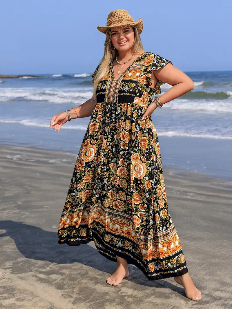 [Plus Size] Floral Print V-Neck Maxi Dress