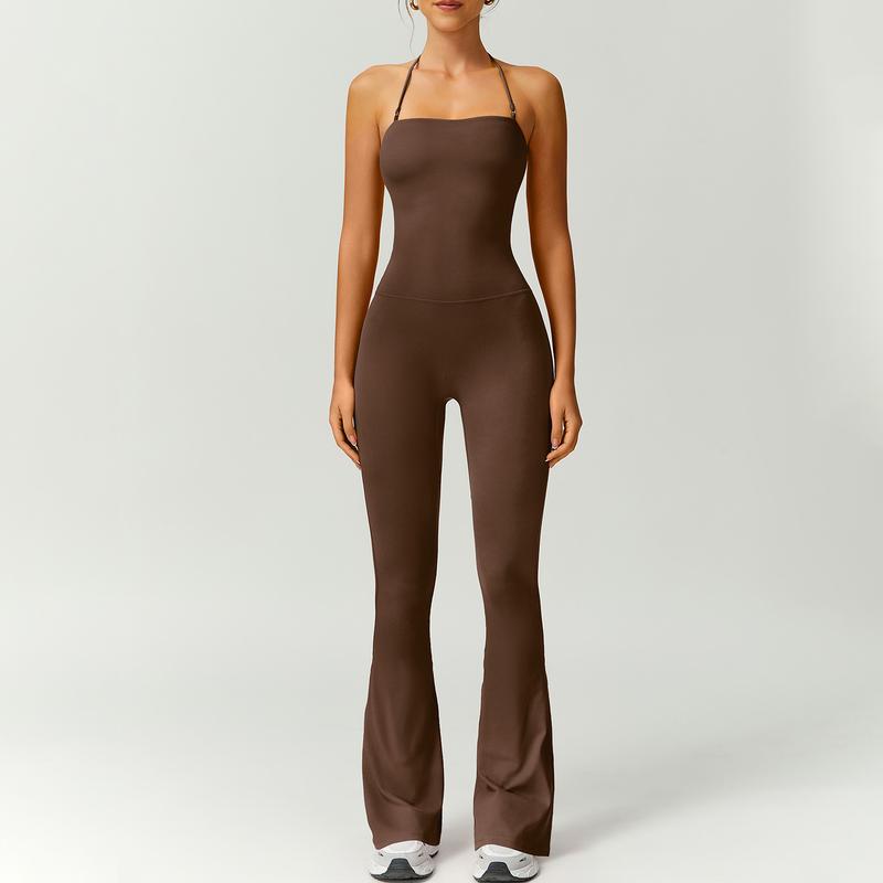 Women's Halter Neck Bodycon Flared Leg Jumpsuit – Stylish & Comfortable for Fitness & Fashion,Stylish & Comfortable Athleisure Outfit, Butt Lifting, High Waist Workout Gym Clothing Stretchable Activewear,jumpsuit women