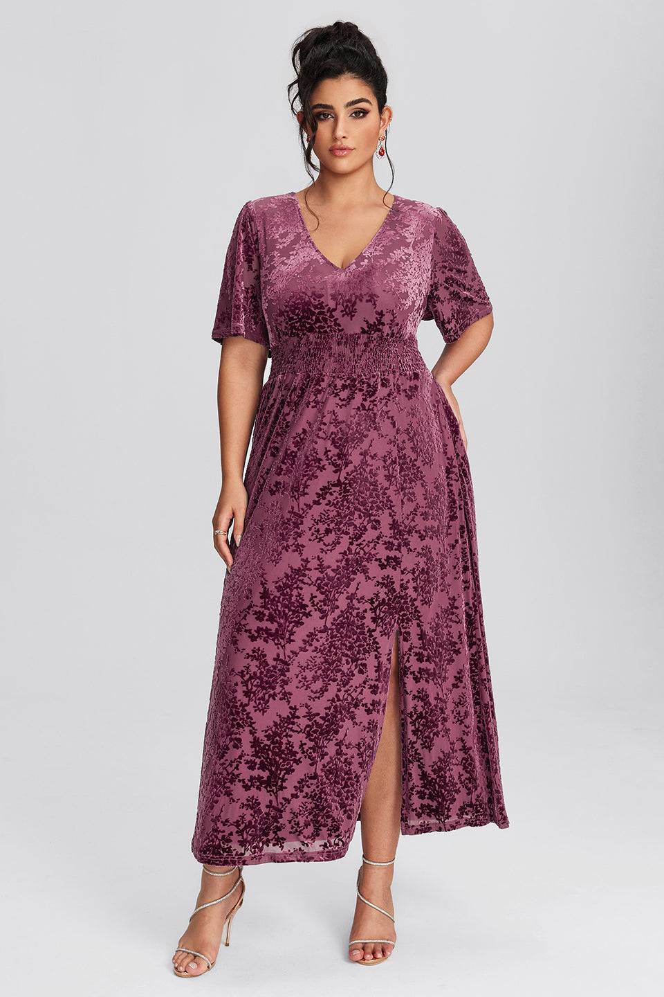 Curveins Plus Size Mauve Velvet Floral Maxi Dress