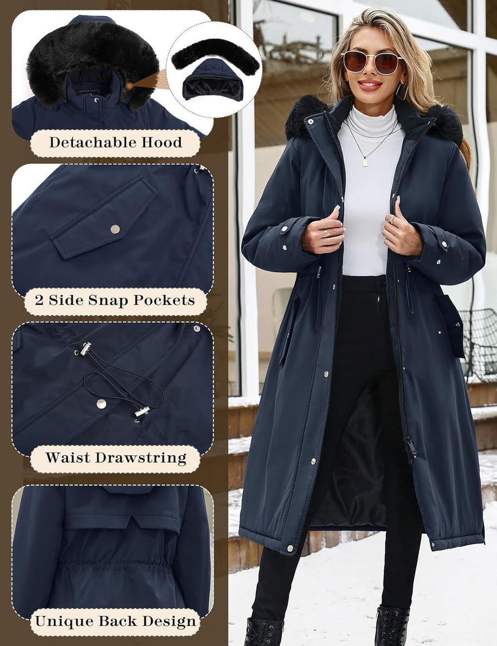 Women's Long Coats Winter Fleece Lined Warm Long Jackets for Women, Water Repellent Windproof Parka Coat Zip Up Button Drawstring Waist Overcoat with Pockets and Detachable Hood
