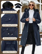 Women's Long Coats Winter Fleece Lined Warm Long Jackets for Women, Water Repellent Windproof Parka Coat Zip Up Button Drawstring Waist Overcoat with Pockets and Detachable Hood