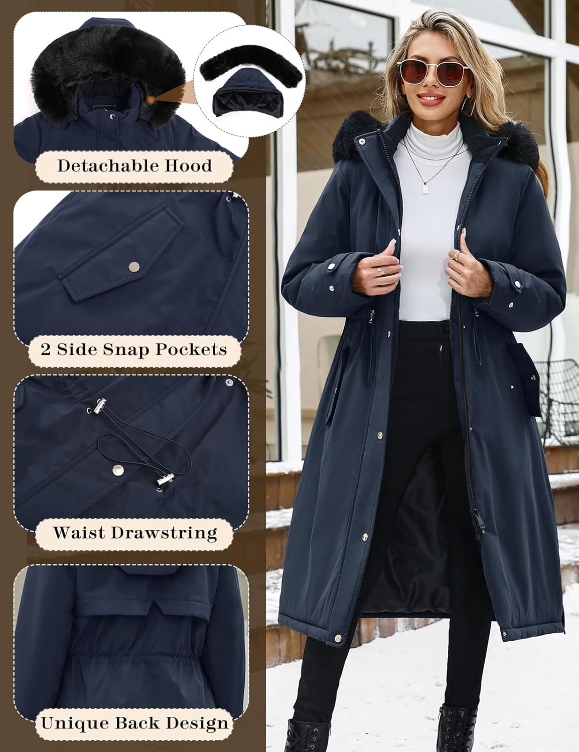 Women's Long Coats Winter Fleece Lined Warm Long Jackets for Women, Water Repellent Windproof Parka Coat Zip Up Button Drawstring Waist Overcoat with Pockets and Detachable Hood