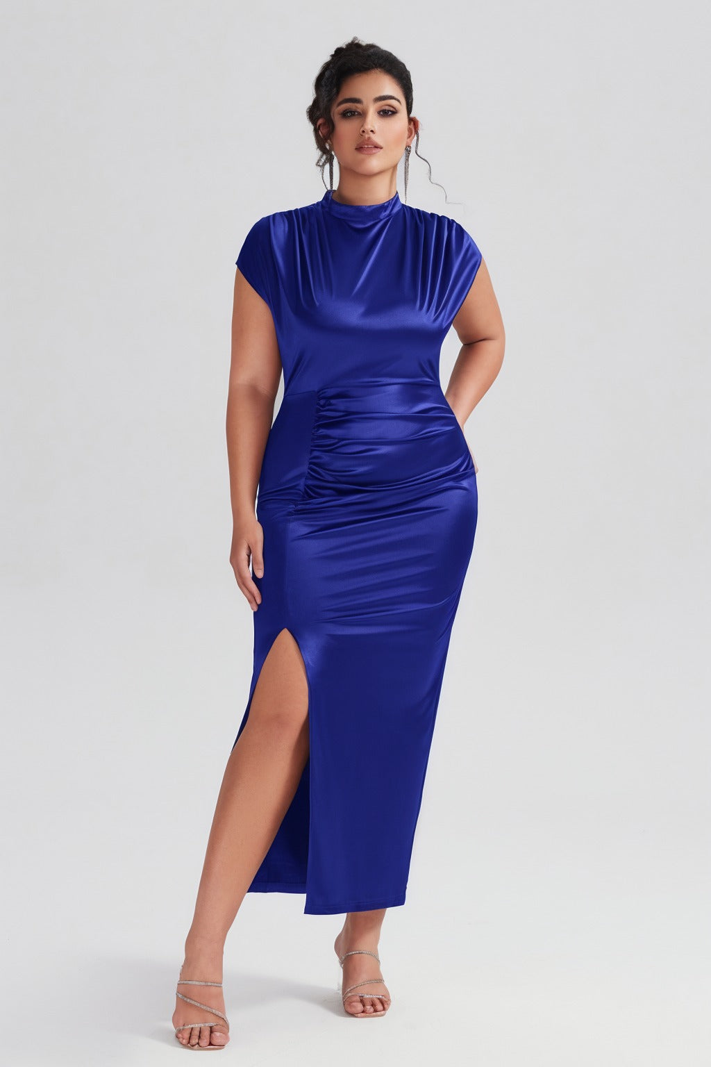 Plus Size Satin High-Waisted Blue Maxi Dress