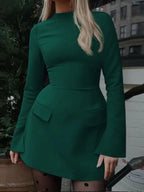 Women's Plain Split Flounce Sleeve Flap Detail A Line Dress, Elegant Long Sleeve Stand Collar Short Dress for Party Holiday Wedding Guest, Ladies Spring & Fall Clothes