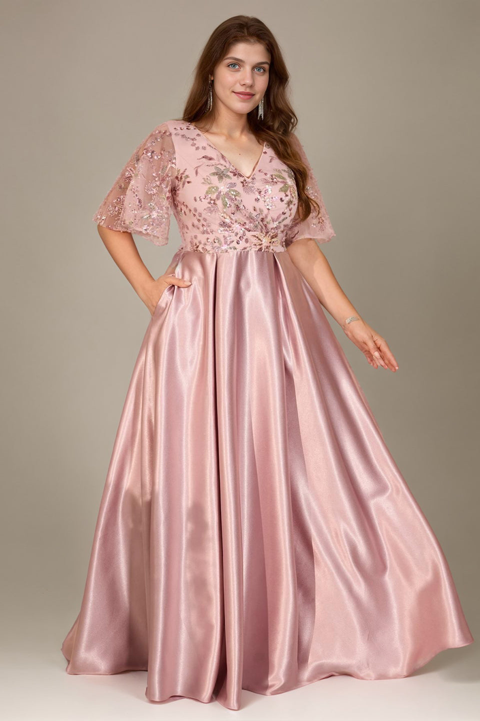 Curveins Plus Size V Neck Sequin Floral Patchwork Elegant Flowy Maxi Dress