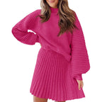 Women's 2 Piece Outfits 2025 Long Sleeve Mock Neck Ribbed Sweaters And Mini Skirt Two Piece Sets