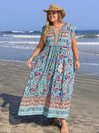 [Plus Size] Floral Print V-Neck Maxi Dress