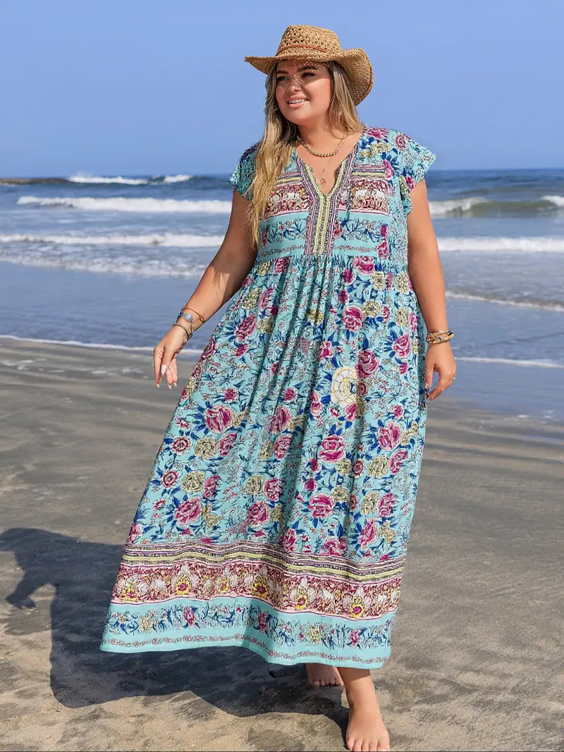 [Plus Size] Floral Print V-Neck Maxi Dress