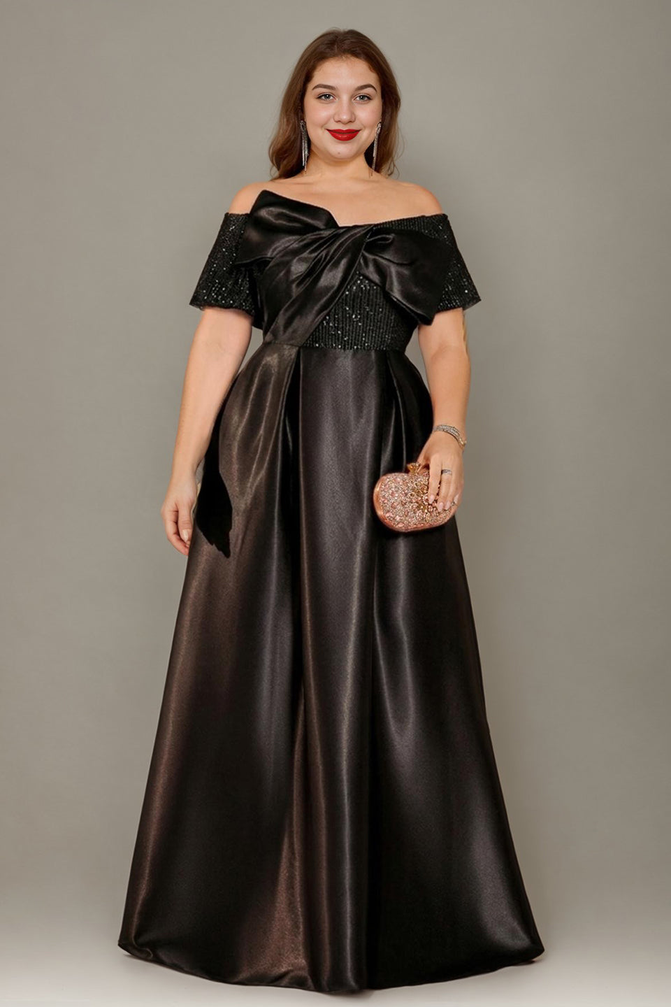 Curveins Plus Size Off Shoulder Bow Tie Front Waist Defining Long Dress Chic Maxi Dress