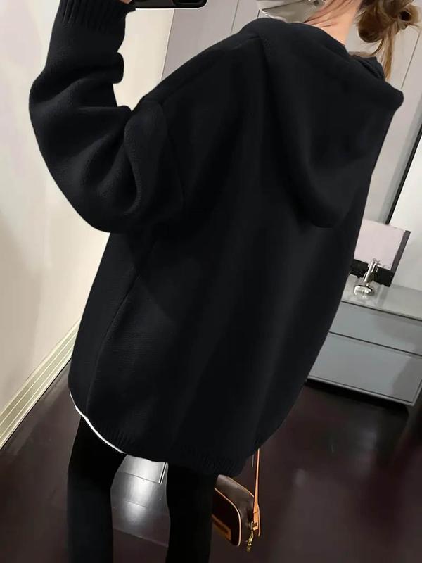 Women's Cartoon Face Print Drop Shoulder Hooded Sweater, Fashion Casual Long Sleeve Drawstring Hooded Sweater for Daily Holiday Outdoor Wear, Women Knitwear for Fall & Winter, Sweaters for Women