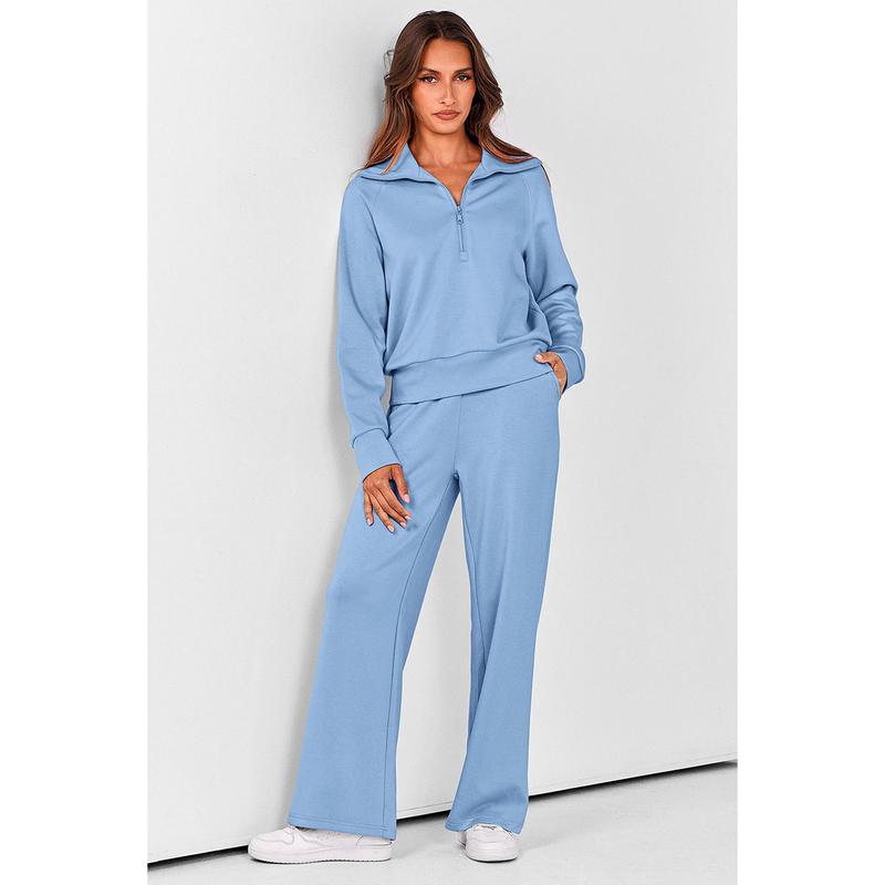 Women's Casual 2-Piece Sweatsuit Set - Half Zip Pullover Sweatshirt & Wide Leg Pants with Drawstring - Matching Tops & Sweatpants for Comfort