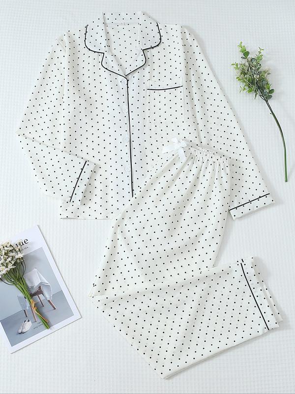 Women's Striped Bow Print Long Sleeve Pajama Set, Sweet Cute Button Front Top and Pants, Casual Home Wear for All Seasons