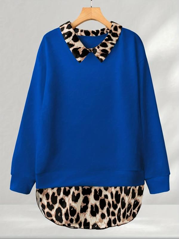 [Plus Size] Leopard Print Curved Hem Pullover Sweatshirt, Casual Long Sleeve Sweatshirt for Fall & Winter, Women's Clothing for Daily Wear