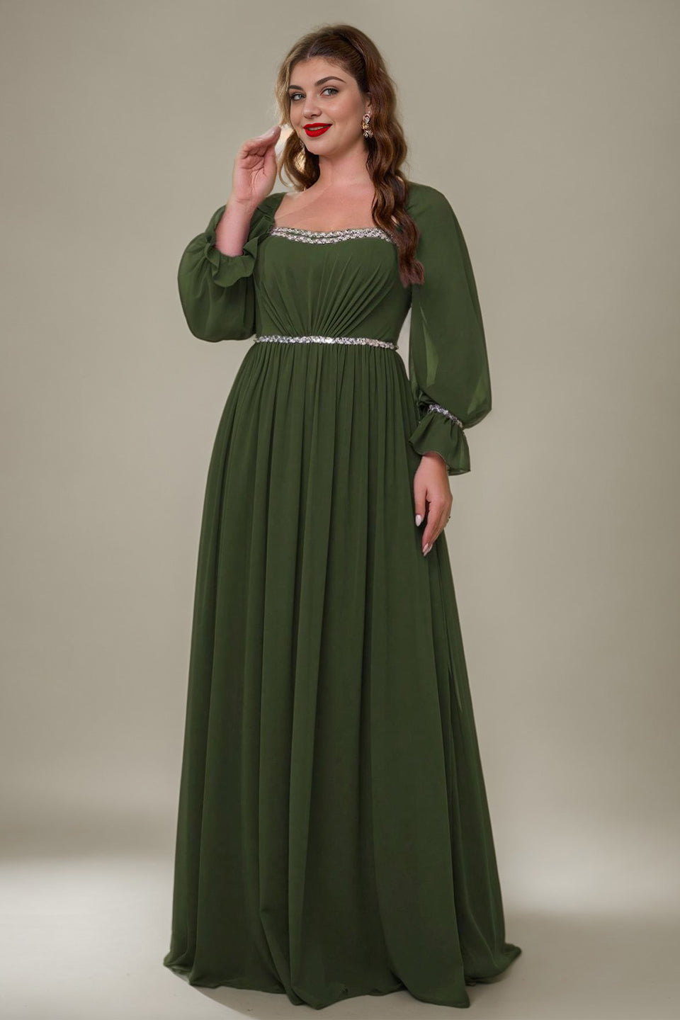 Curveins Plus Size Square Neck Long Sleeve Maxi Dress with Ruched Waist