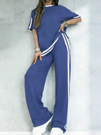 Women's Casual Athleisure Sportswear Set, Solid Color Round-Neck Short-Sleeve Split-Hem Top and Striped Long Pants, Spring/Summer Two-Piece Set