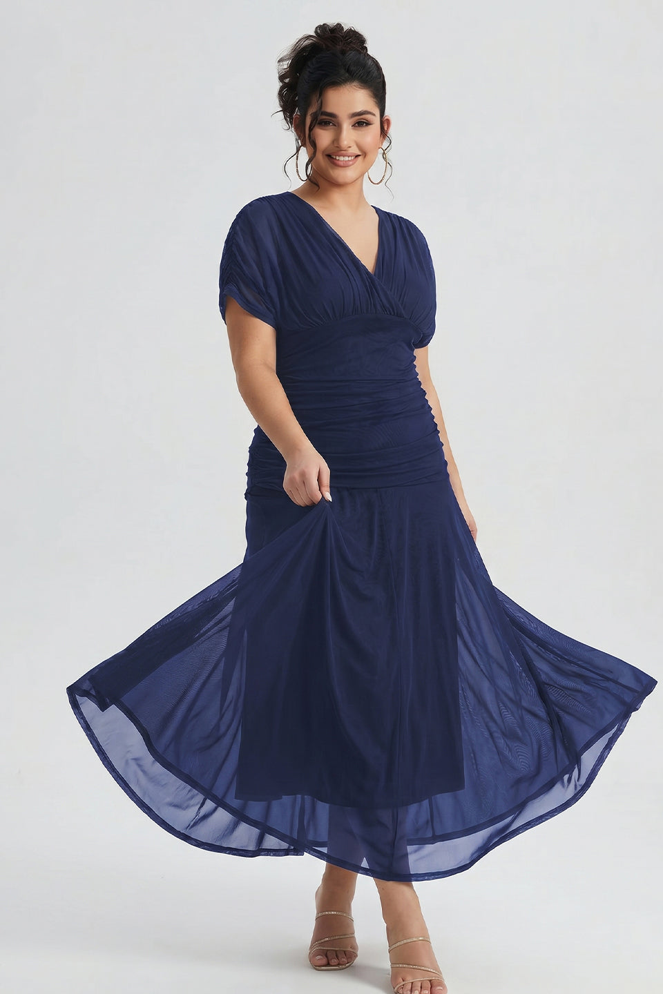 Curveins Plus Size V Neck Batwing Sleeve Cinched Waist Maxi Dress
