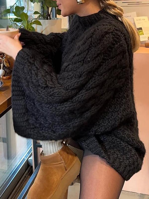 Women's Casual Loose-Fit Sweater, Round Neck Long Sleeve Knitted Top, Fall & Winter Fashion, Daily Wear, Plain Color Knitwear