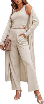 Women's 3 Piece Lounge Set Pajama Long Sleeve Cardigan Sleeveless Top Pants Sweatsuit