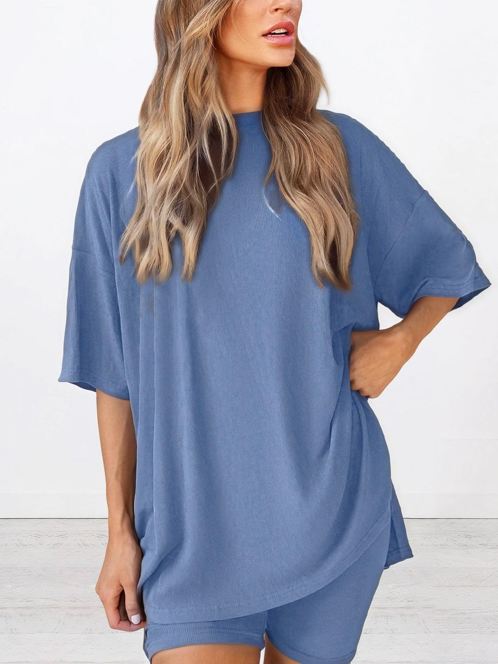 Women's Solid Color T-Shirt and Tight Shorts Set, Casual Summer Comfort Round Neck Sleepwear, Pocket Design, Outdoor Wear