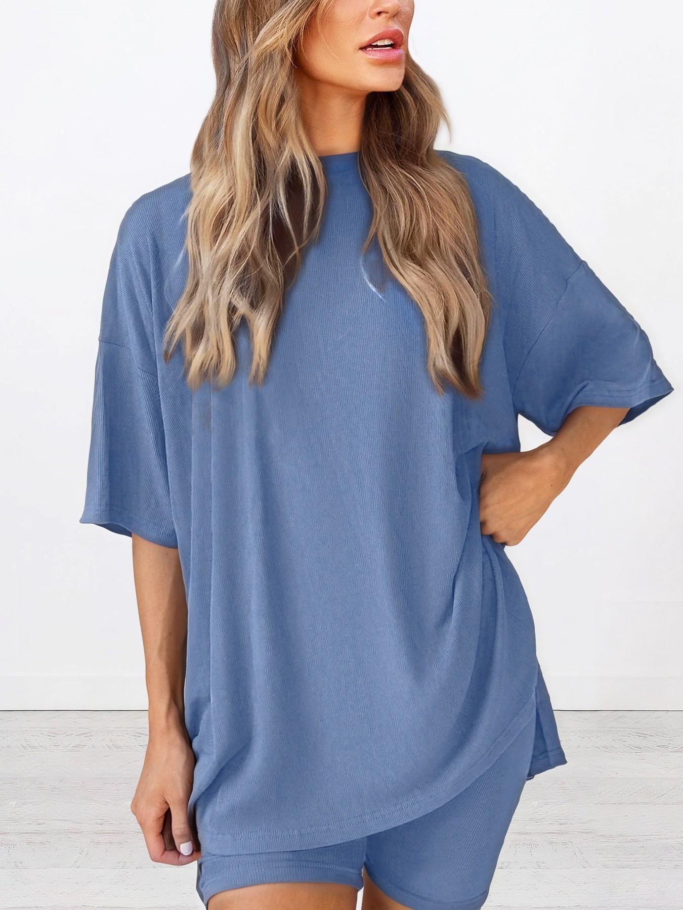 Women's Solid Color T-Shirt and Tight Shorts Set, Casual Summer Comfort Round Neck Sleepwear, Pocket Design, Outdoor Wear