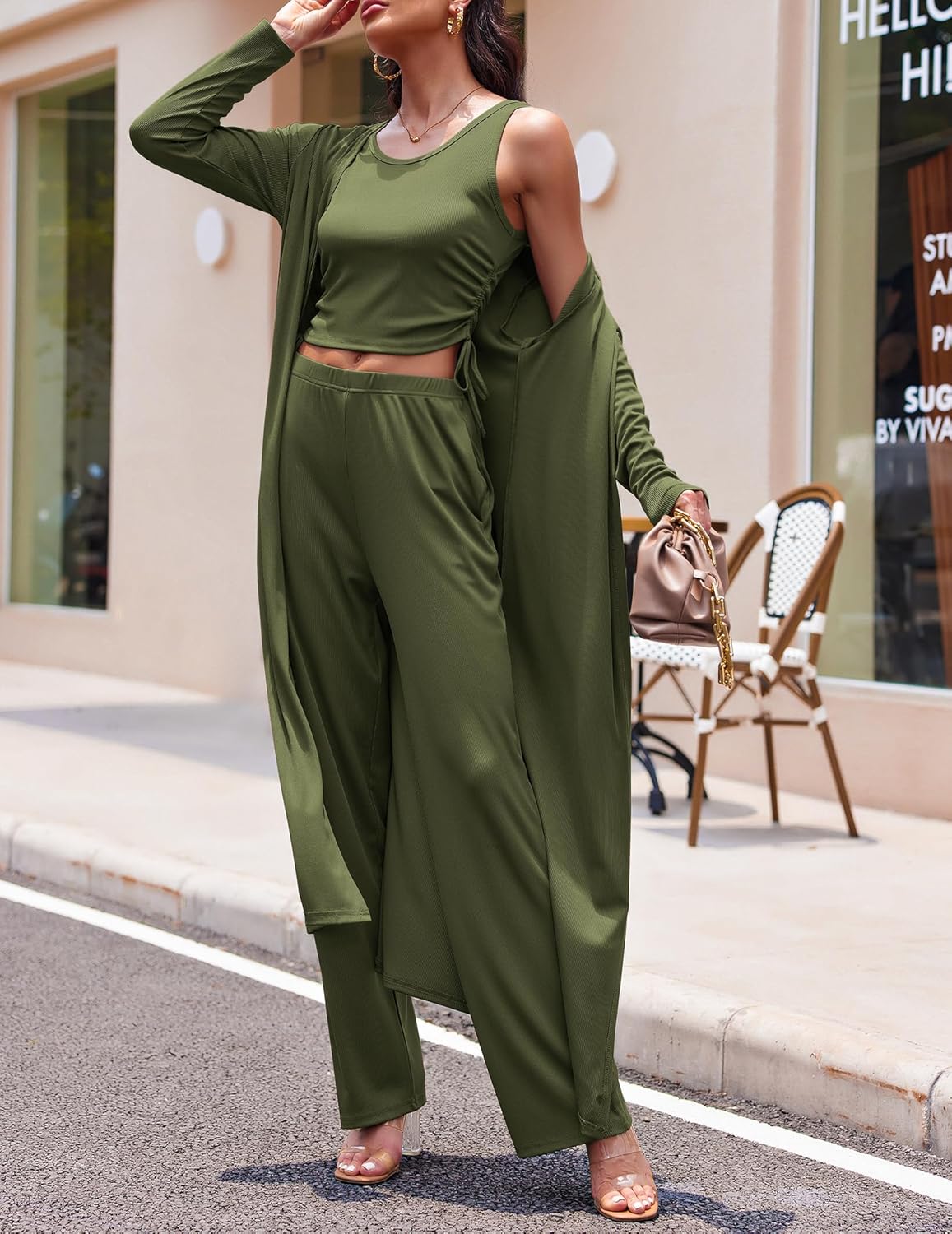 Women's 3 Piece Lounge Set Pajama Long Sleeve Cardigan Sleeveless Top Pants Sweatsuit