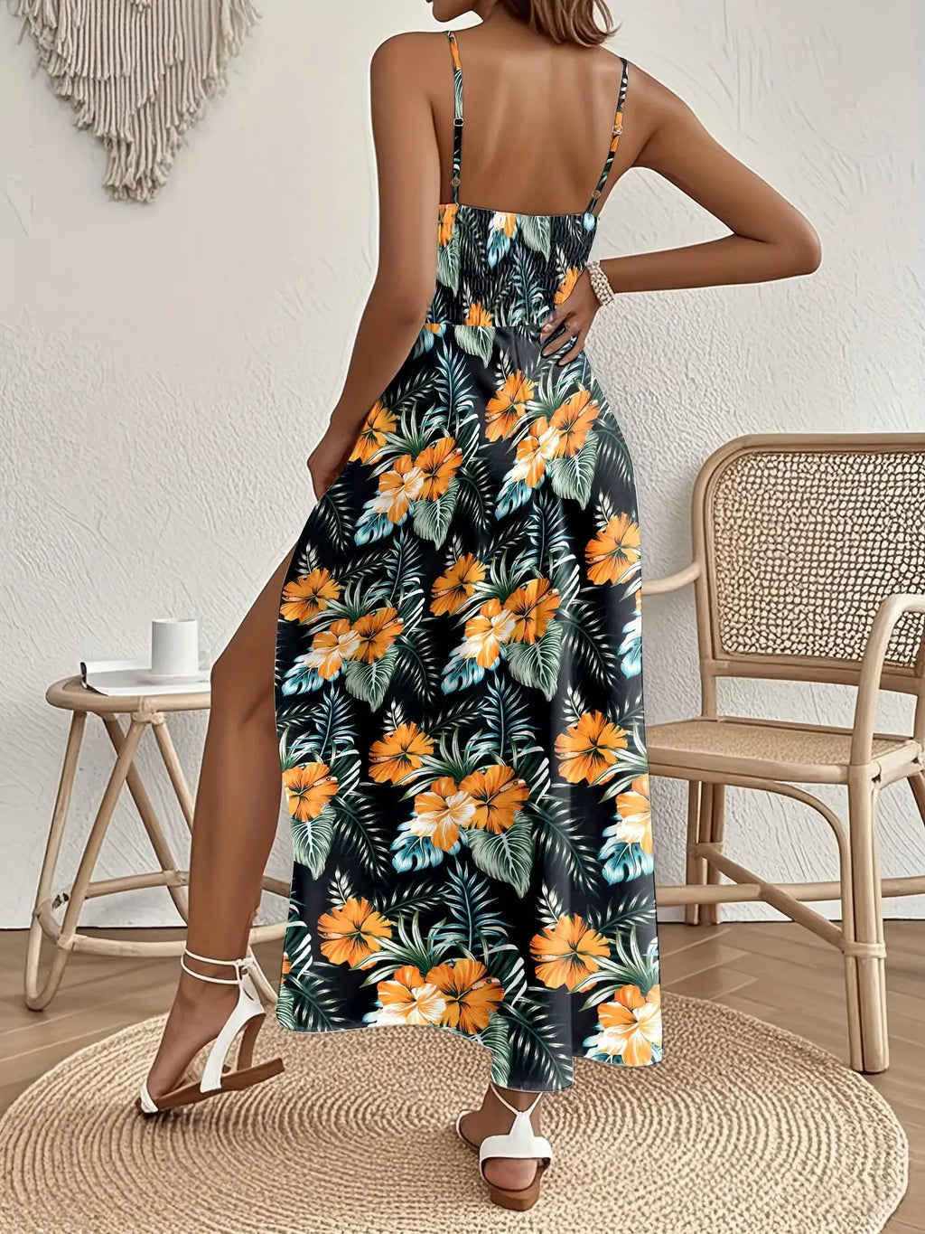 Women's Summer Holiday V-Neck Sleeveless Tropical Print Bohemian Maxi Dress with High Side Slit