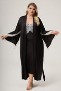 Curveins Plus Size Satin Chiffon Lace Trim Long Sleeve Elegant Robe Sleepwear