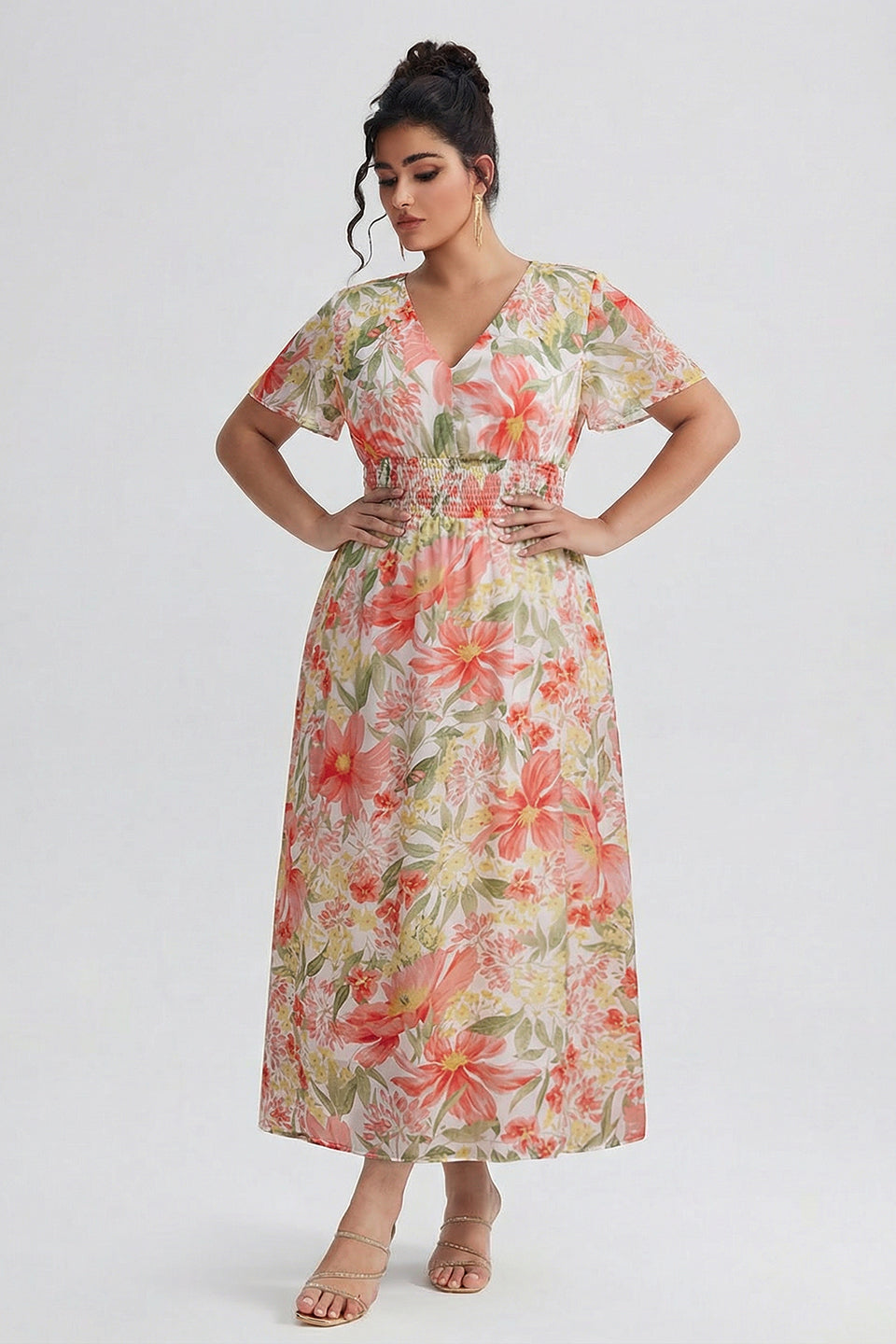 Curveins Plus Size V Neck Batwing Sleeve Cinched Waist Floral Pattern Maxi Dress