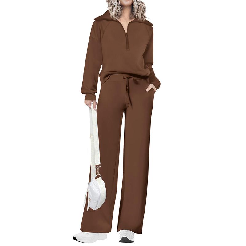 Women's Casual 2-Piece Sweatsuit Set - Half Zip Pullover Sweatshirt & Wide Leg Pants with Drawstring - Matching Tops & Sweatpants for Comfort