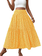 Women's Floral Casual A-Line Skirt, Elastic Waist Pockets, Leaf Hem, Long Fitted Skirt, Fashionable Mid-Length Dress