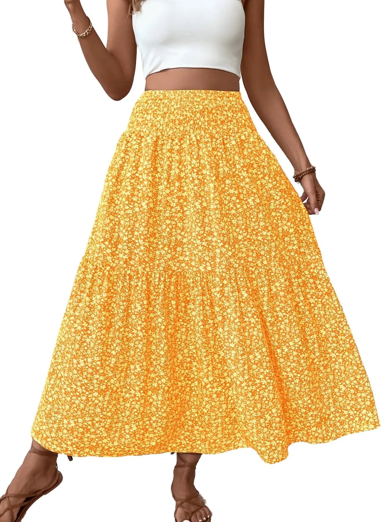 Women's Floral Casual A-Line Skirt, Elastic Waist Pockets, Leaf Hem, Long Fitted Skirt, Fashionable Mid-Length Dress