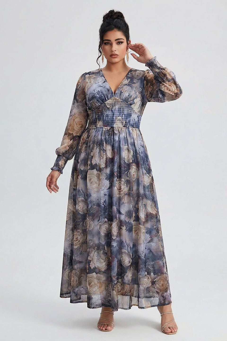 Curveins Plus Size V Neck Long Sleeve Floral Waist Maxi Dress