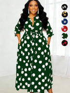 Plus-size polka-dot shirt dress with belt and front buttons