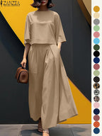 Women's Top & Wide Leg Pants Two-piece Set, Casual Fashion Minimalist Cozy Three Quarter Length Sleeve Top & Trousers for Daily Outdoor Wear, Ladies Clothes for All Seasons, Womenswear