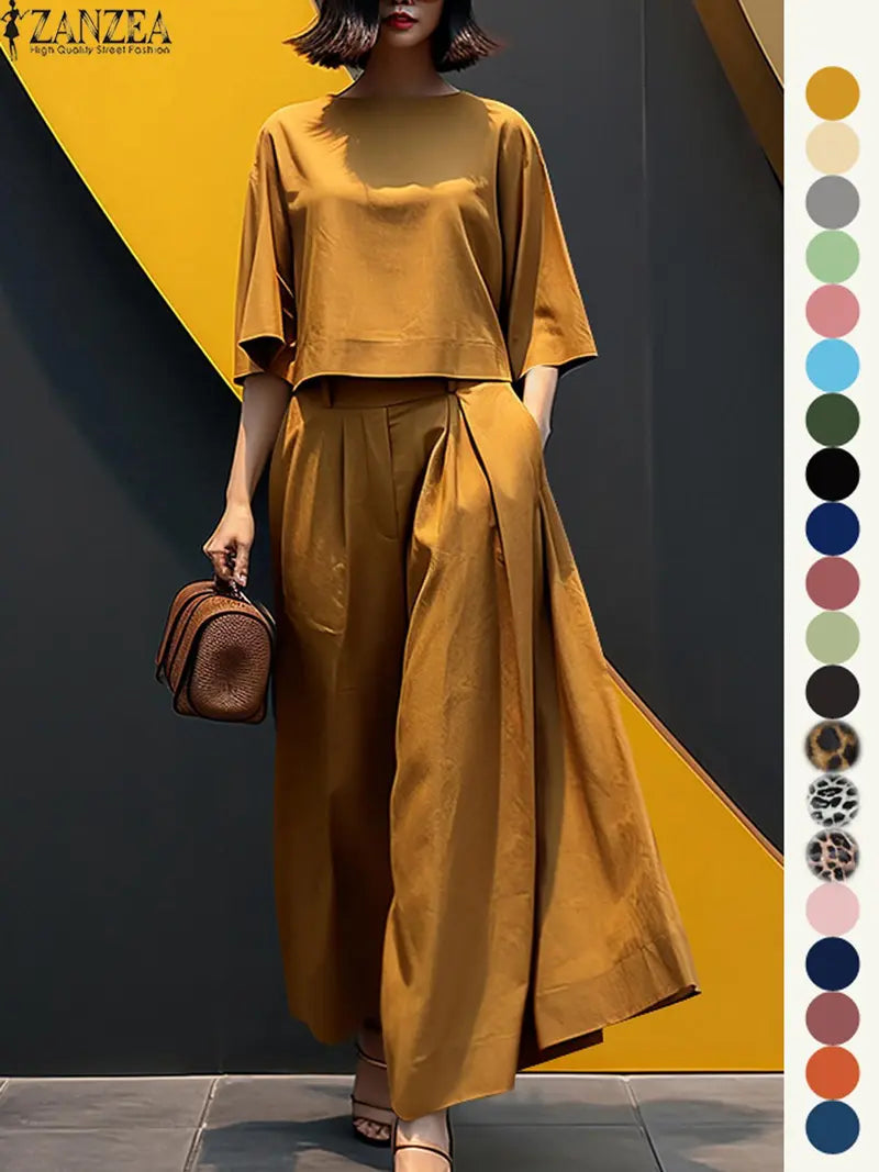 Women's Top & Wide Leg Pants Two-piece Set, Casual Fashion Minimalist Cozy Three Quarter Length Sleeve Top & Trousers for Daily Outdoor Wear, Ladies Clothes for All Seasons, Womenswear