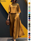 Women's Top & Wide Leg Pants Two-piece Set, Casual Fashion Minimalist Cozy Three Quarter Length Sleeve Top & Trousers for Daily Outdoor Wear, Ladies Clothes for All Seasons, Womenswear