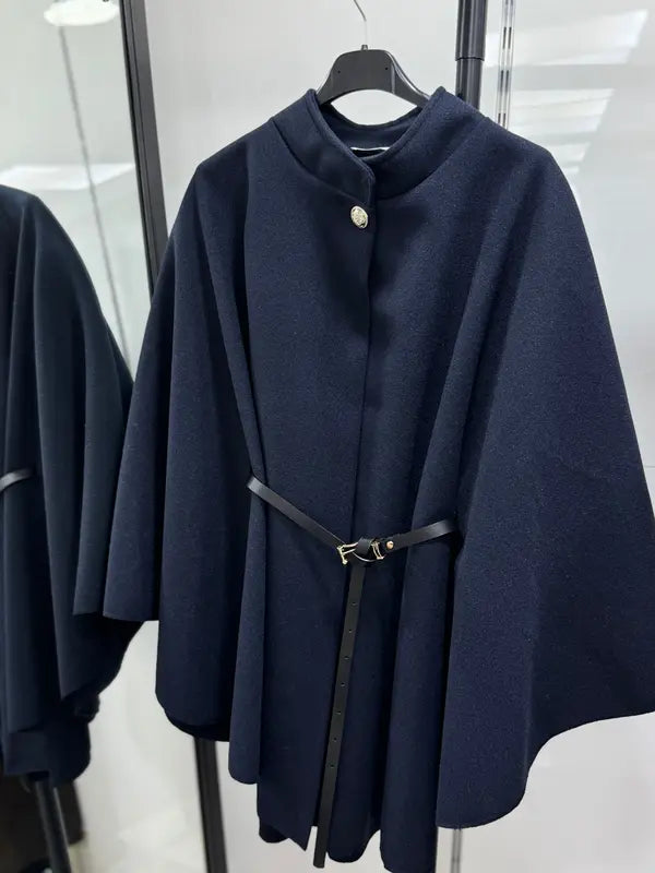 Women's Plain Front Buckle Belted Woolen Cape Coat