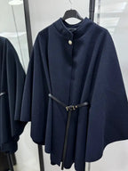 Women's Plain Front Buckle Belted Woolen Cape Coat