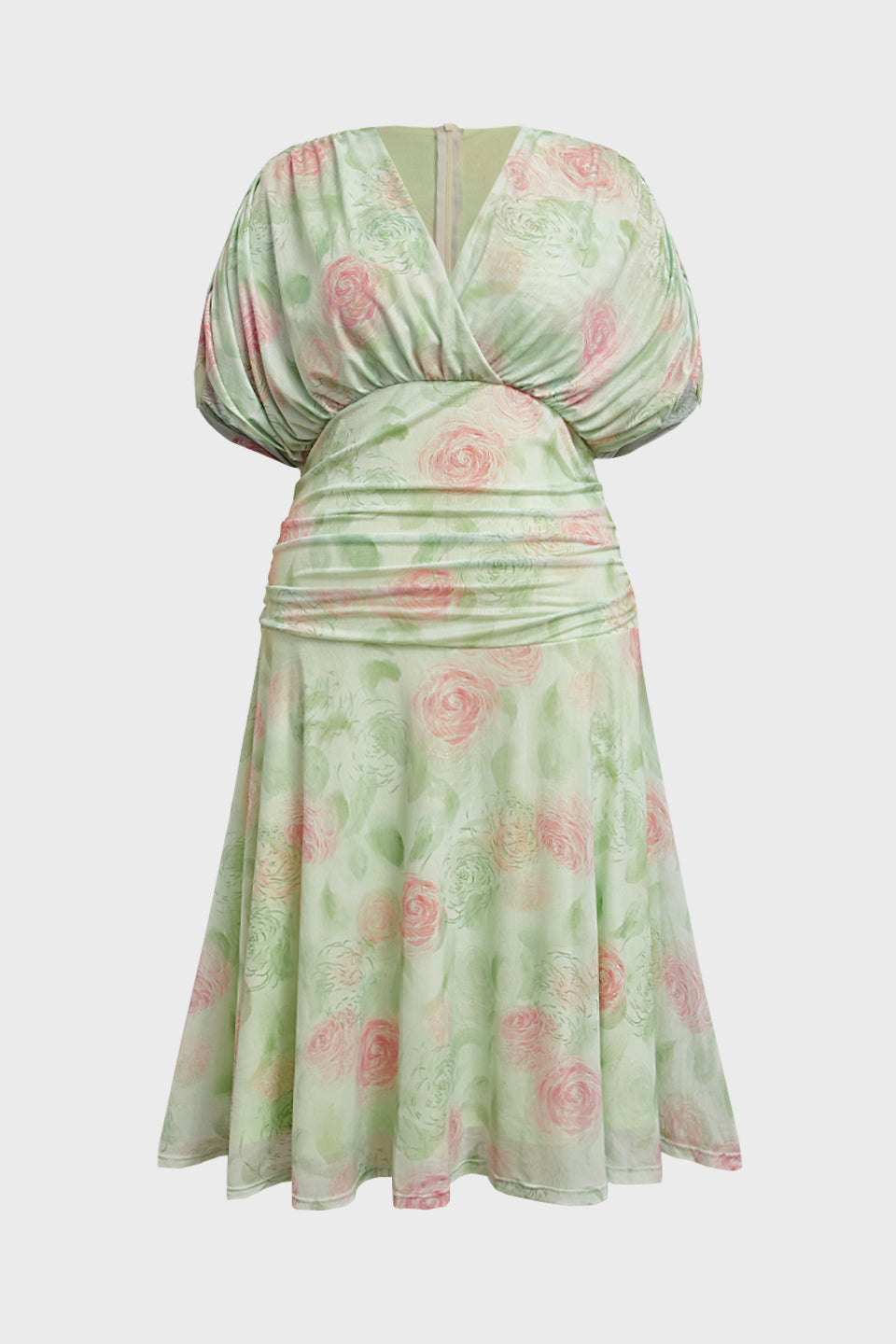 Curveins Plus Size V Neck Puff Sleeve Waist Defining Floral Print Elegant Maxi Dress