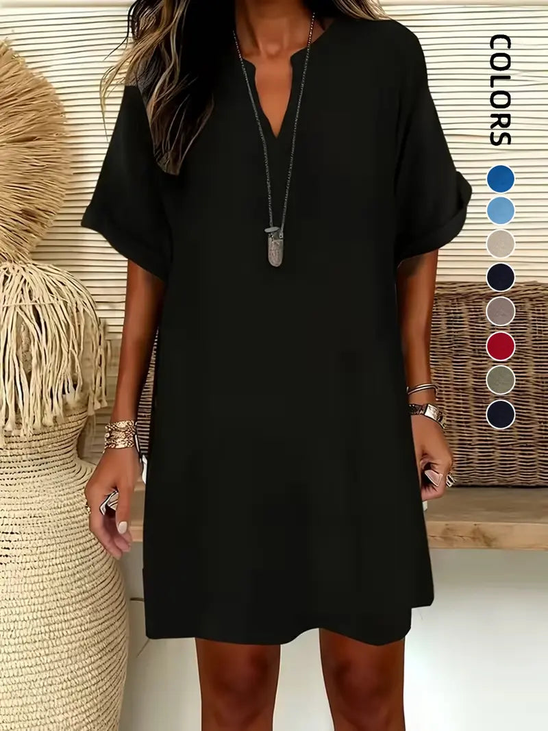 Women's Plain Notched-Neck Short Sleeve Midi Dress, Casual Chic Fashion Drop Shoulder A-Line Dress for Summer, Comfortable and Stylish Dress