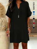 Women's Plain Notched-Neck Short Sleeve Midi Dress, Casual Chic Fashion Drop Shoulder A-Line Dress for Summer, Comfortable and Stylish Dress