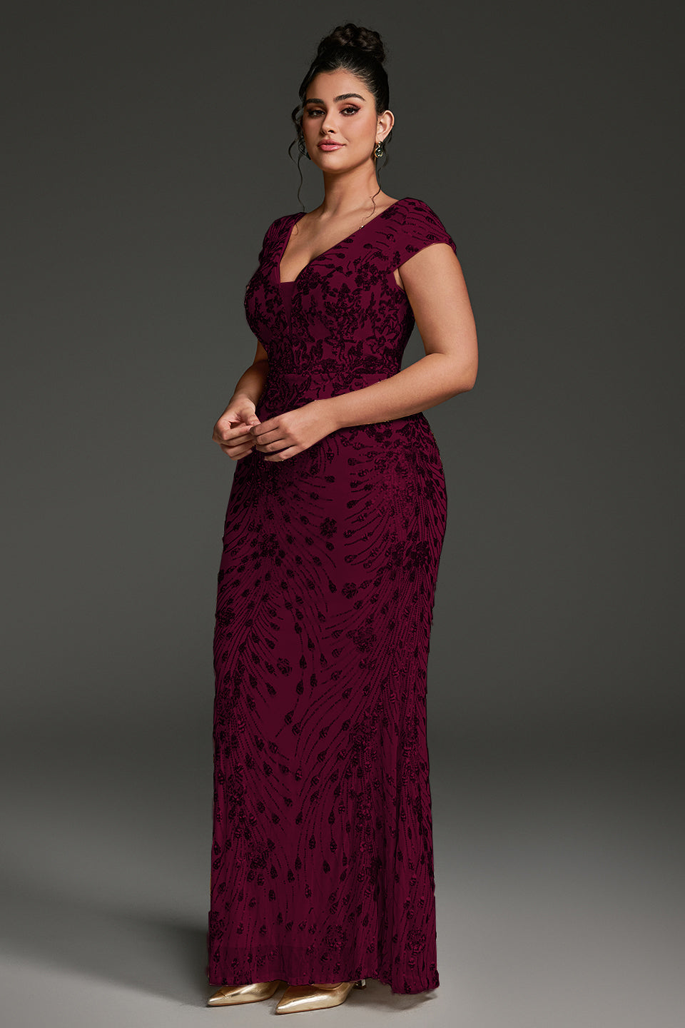 Curveins Plus Size V-neck and Waist Cinch Sequin Maxi Dress