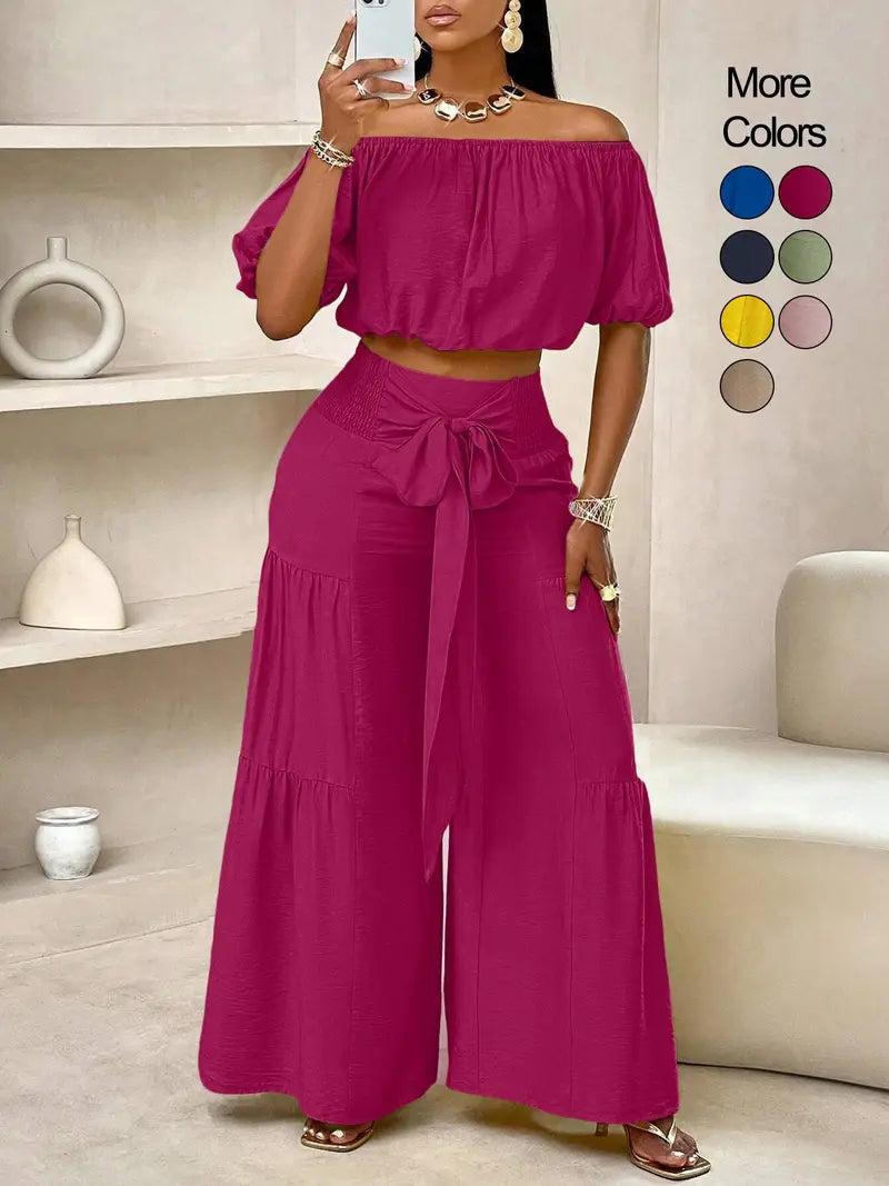 Women's solid-color wide-leg pant set, casual off-shoulder top and palazzo pants for summer, beach vacation wear for women.