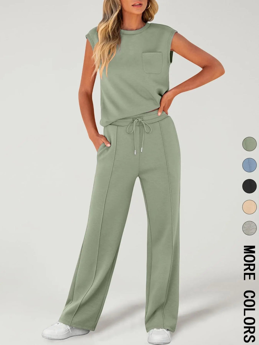 Women's Solid Tank Top & Drawstring Waist Pants Two-piece Set, Casual Sleeveless Round Neck Top & Trousers for Daily Wear, Ladies Two-piece Outfits for All Seasons