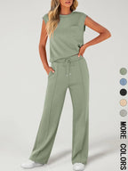 Women's Solid Tank Top & Drawstring Waist Pants Two-piece Set, Casual Sleeveless Round Neck Top & Trousers for Daily Wear, Ladies Two-piece Outfits for All Seasons
