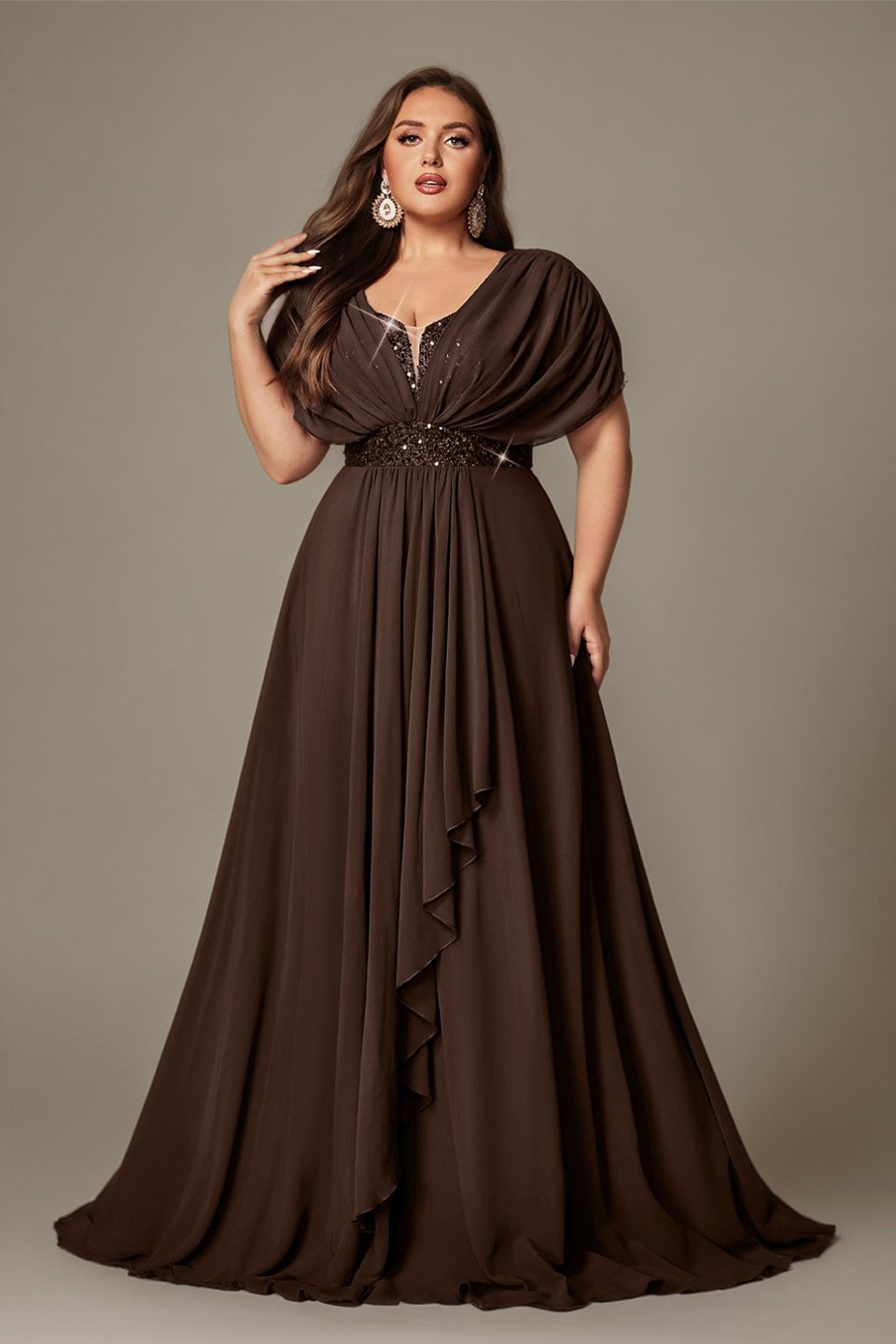 Curveins Plus Size V-Neck Short Sleeve Asymmetrical A-Line Maxi Dress