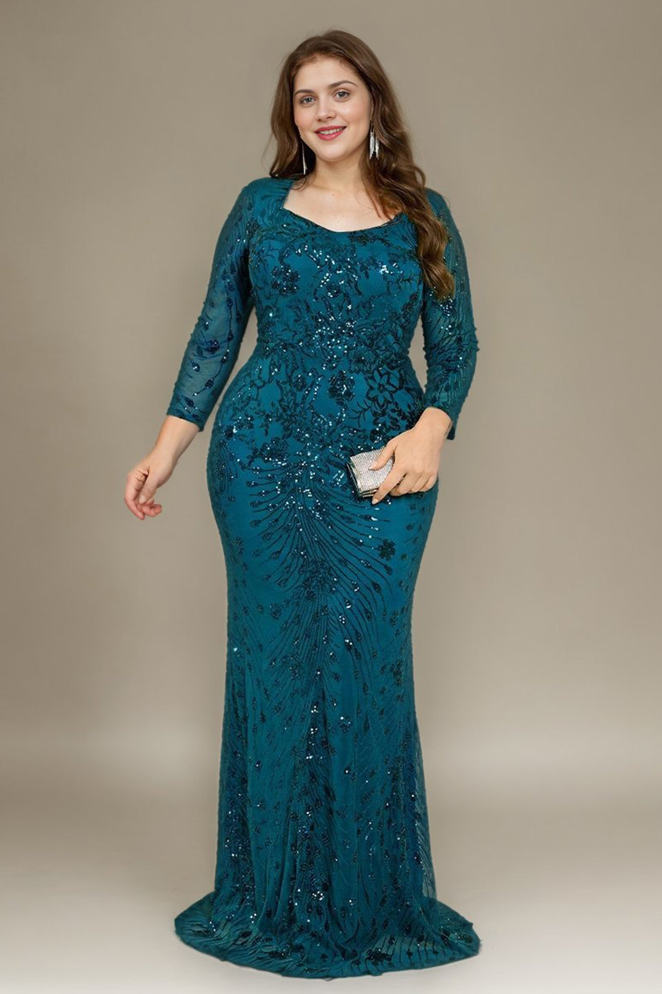 Curveins Plus Size V Neck Long Sleeve Sequin Floral Pattern Elegant Maxi Dress