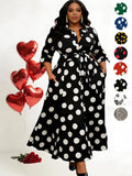 Plus-size polka-dot shirt dress with belt and front buttons