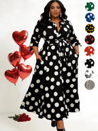 Plus-size polka-dot shirt dress with belt and front buttons