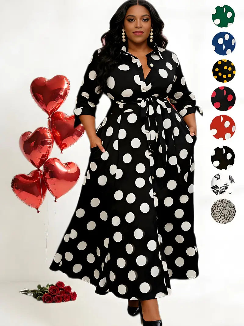 Plus-size polka-dot shirt dress with belt and front buttons